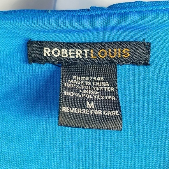 Robert Louis Women’s Sz Med. Blue W/ White Floral Ruffle V-Neck Faux Wrap Dress - Picture 3 of 7